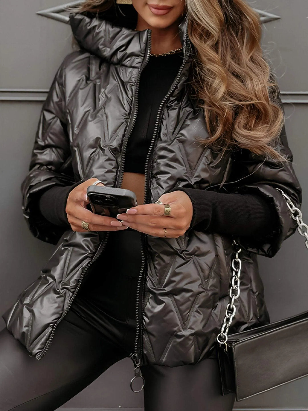 Doudoune femme à capuche matelassée brillante, veste d'hiver chaude et ample à manches 3/4