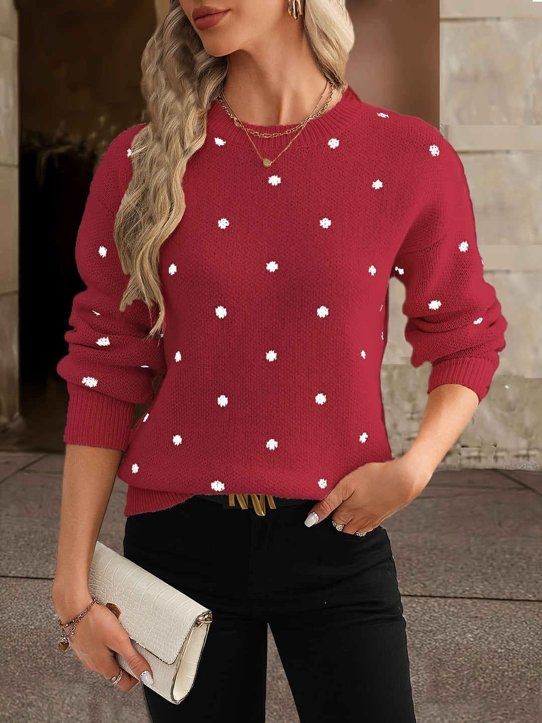 Women's polka-dot knit pullover with a round neck and long sleeves for autumn, relaxed fit
