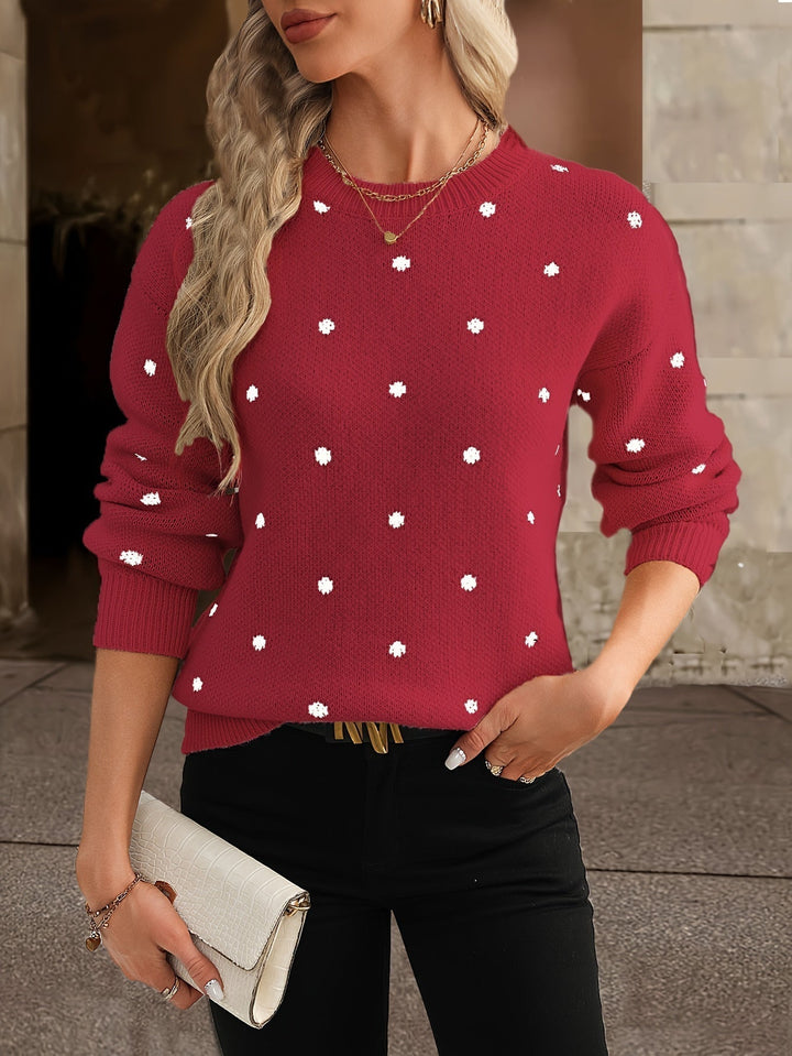 Women's polka-dot knit pullover with a round neck and long sleeves for autumn, relaxed fit