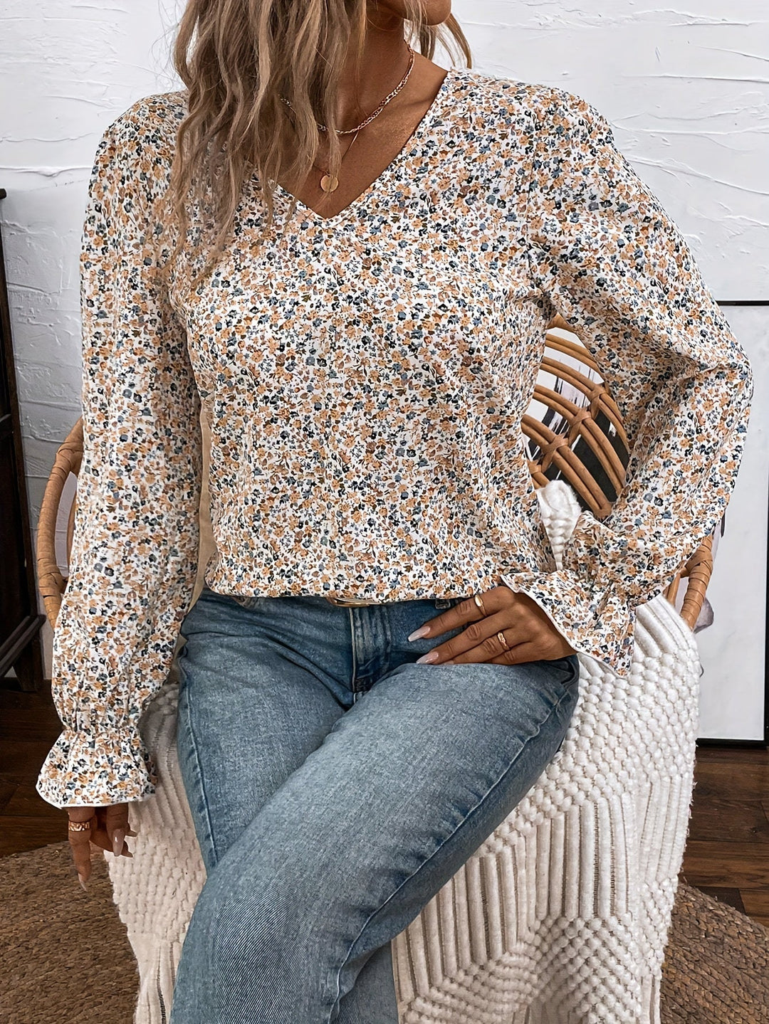 Eglantine | Chic Floral Print Blouse with V-Neck and Lace Bow Detail, Elegant Low Back Design