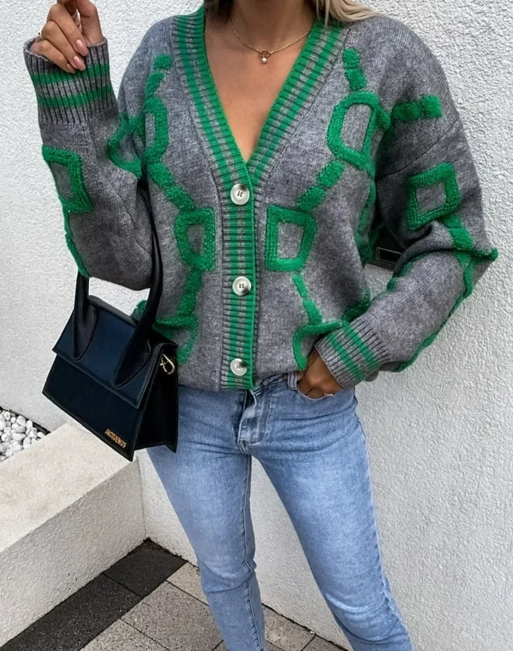 Gilet pour femme en maille à boutons et imprimé géométrique, idéal pour l’automne