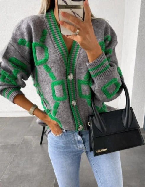 Gilet pour femme en maille à boutons et imprimé géométrique, idéal pour l’automne