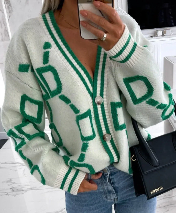 Gilet pour femme en maille à boutons et imprimé géométrique, idéal pour l’automne