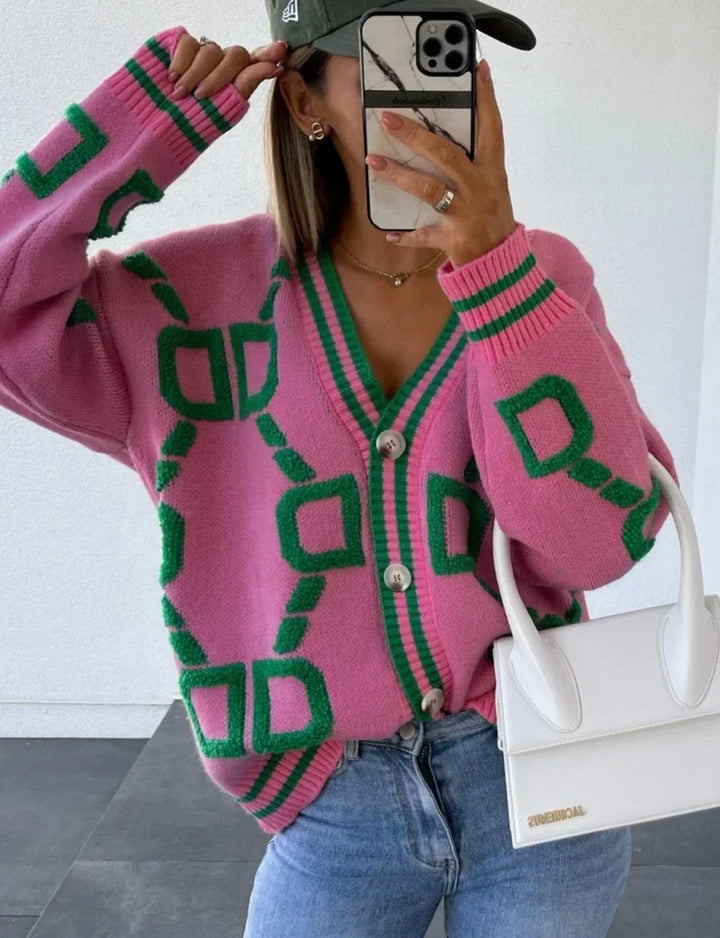 Gilet pour femme en maille à boutons et imprimé géométrique, idéal pour l’automne
