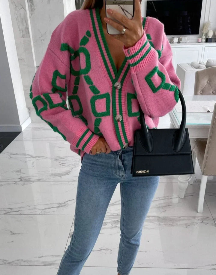 Gilet pour femme en maille à boutons et imprimé géométrique, idéal pour l’automne
