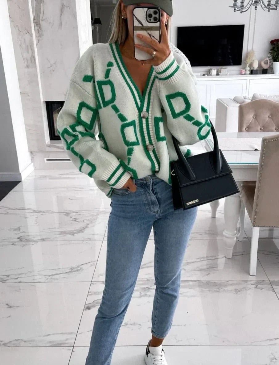 Gilet pour femme en maille à boutons et imprimé géométrique, idéal pour l’automne