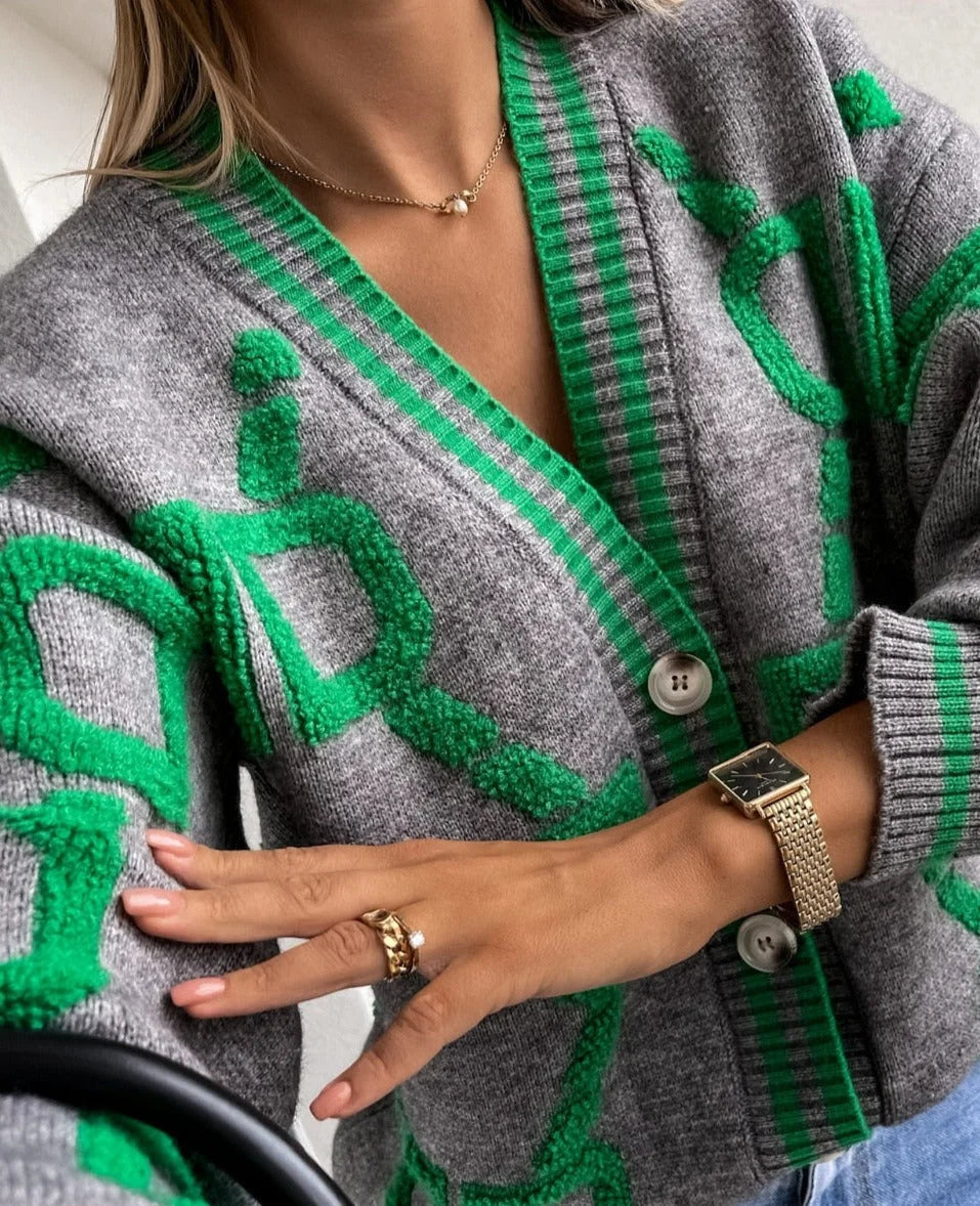 Gilet pour femme en maille à boutons et imprimé géométrique, idéal pour l’automne