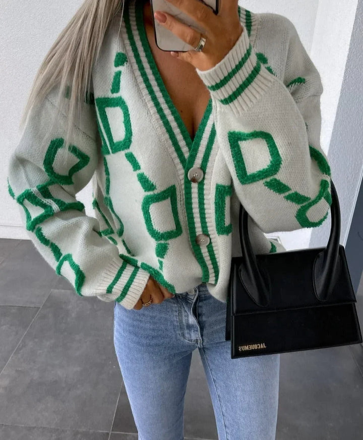 Gilet pour femme en maille à boutons et imprimé géométrique, idéal pour l’automne