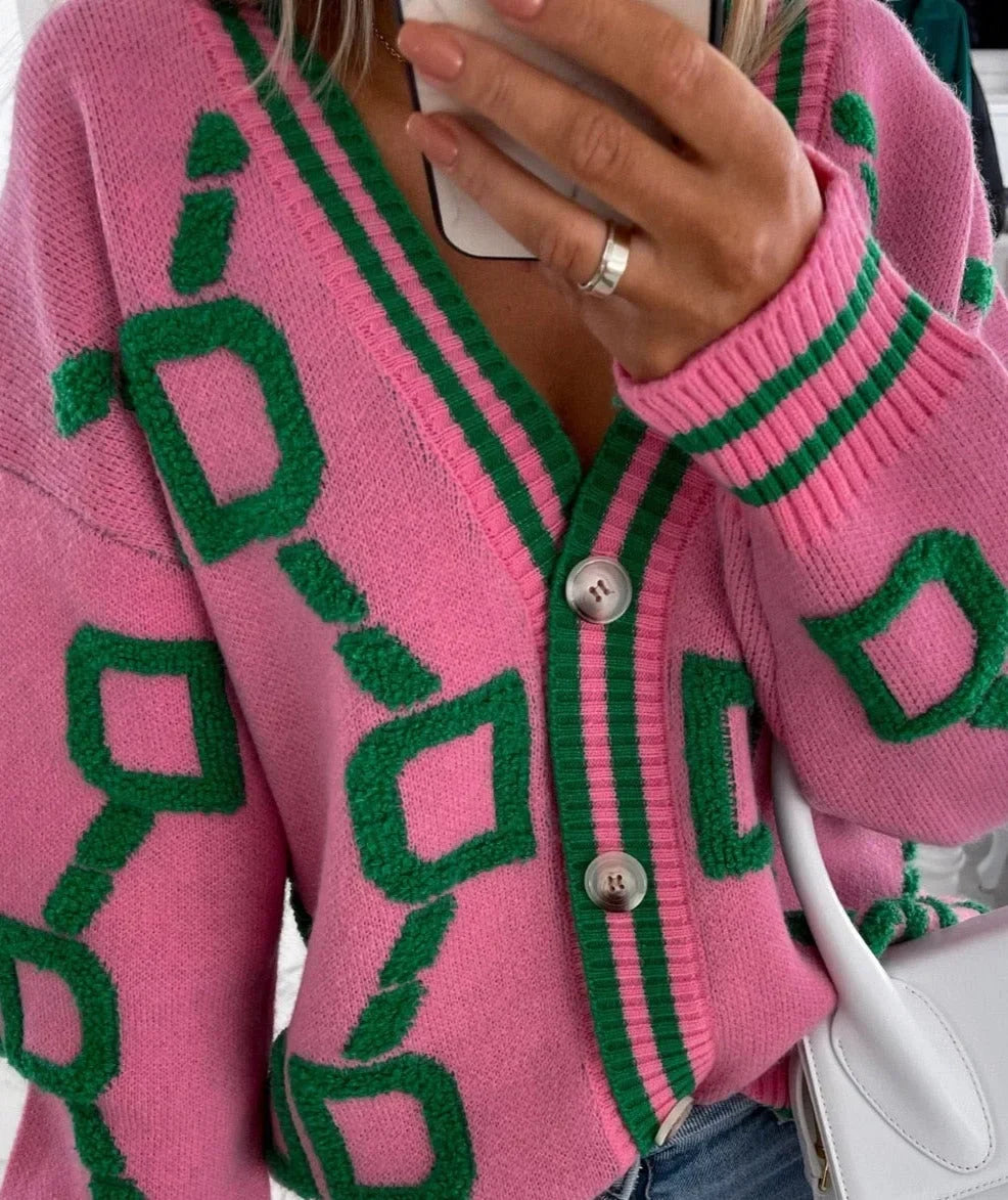 Gilet pour femme en maille à boutons et imprimé géométrique, idéal pour l’automne