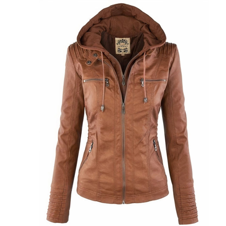 Women's hooded faux leather biker jacket for autumn