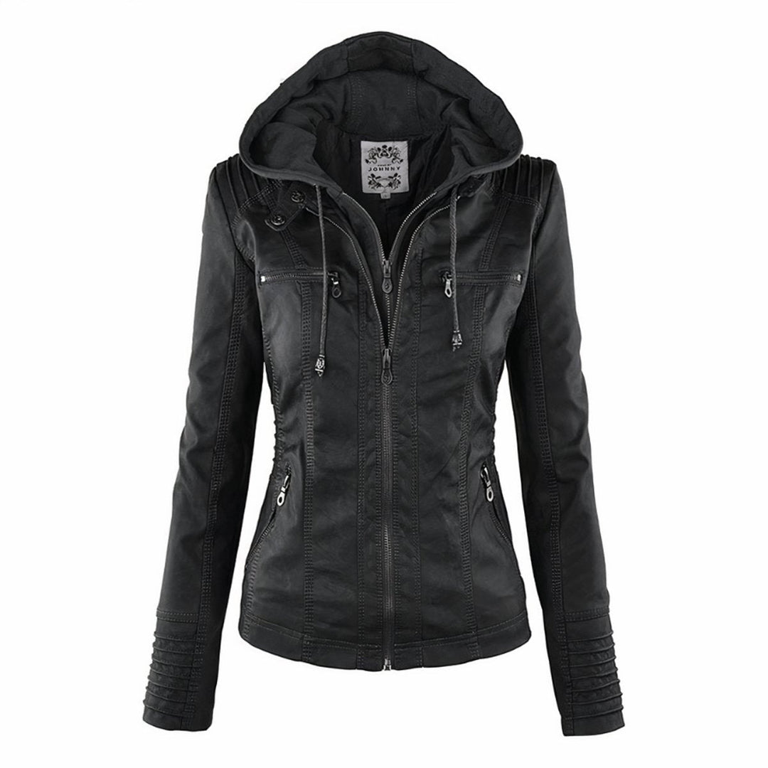 Women's hooded faux leather biker jacket for autumn