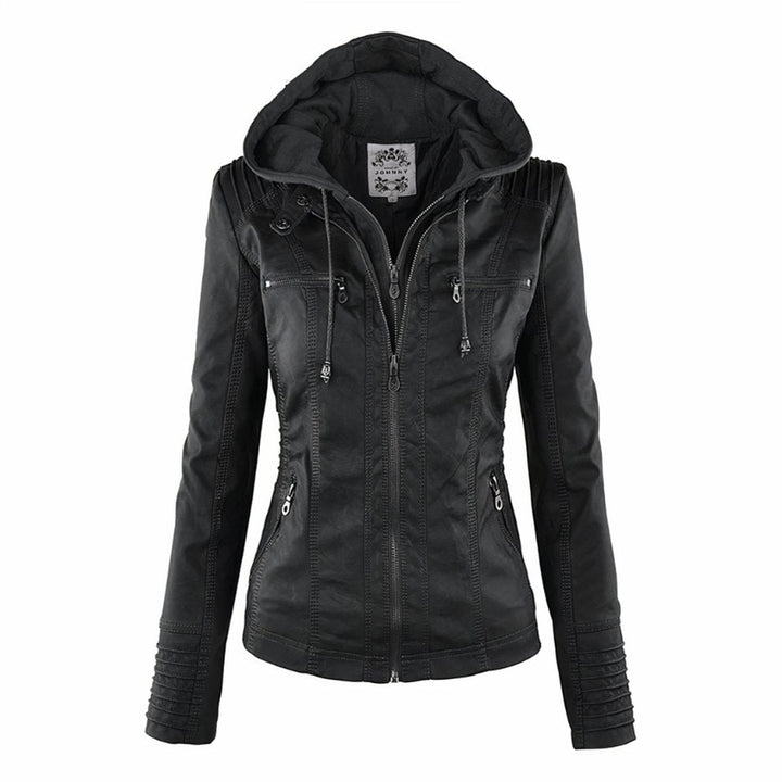 Women's hooded faux leather biker jacket for autumn