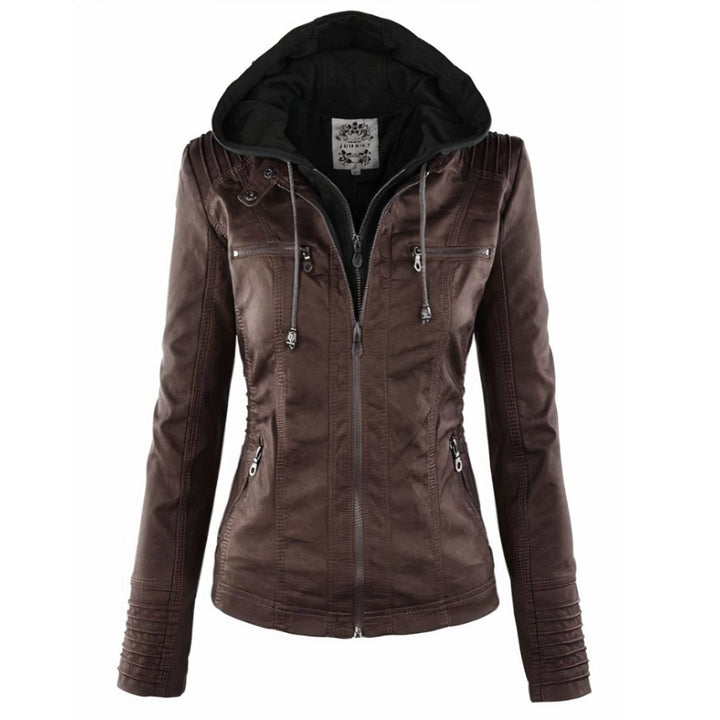Women's hooded faux leather biker jacket for autumn