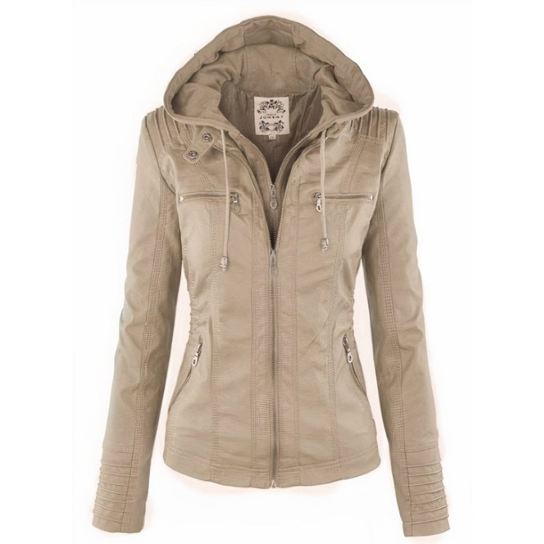 Women's hooded faux leather biker jacket for autumn