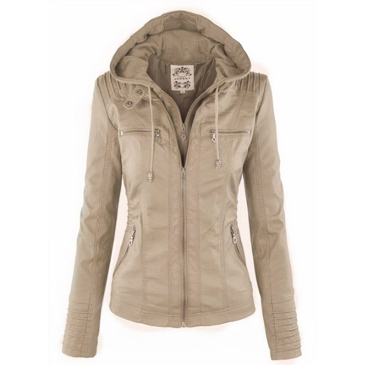 Women's hooded faux leather biker jacket for autumn
