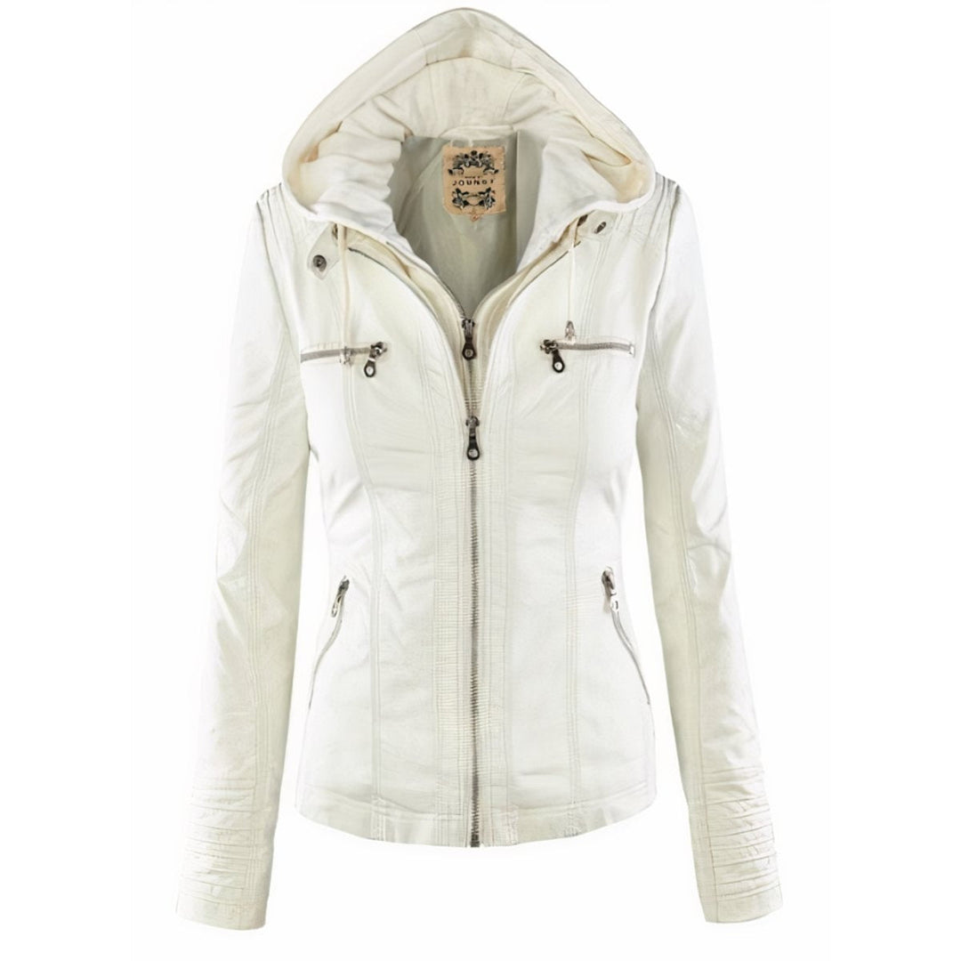 Women's hooded faux leather biker jacket for autumn