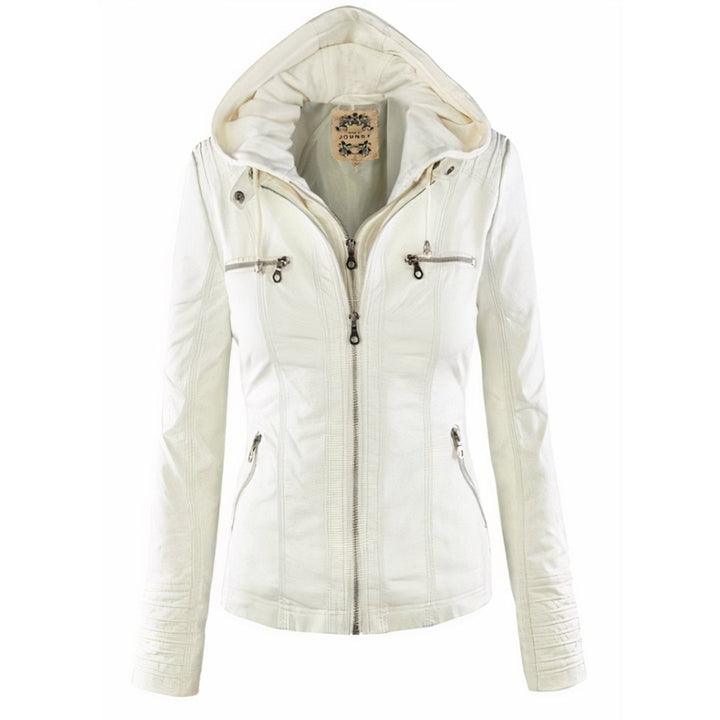 Women's hooded faux leather biker jacket for autumn