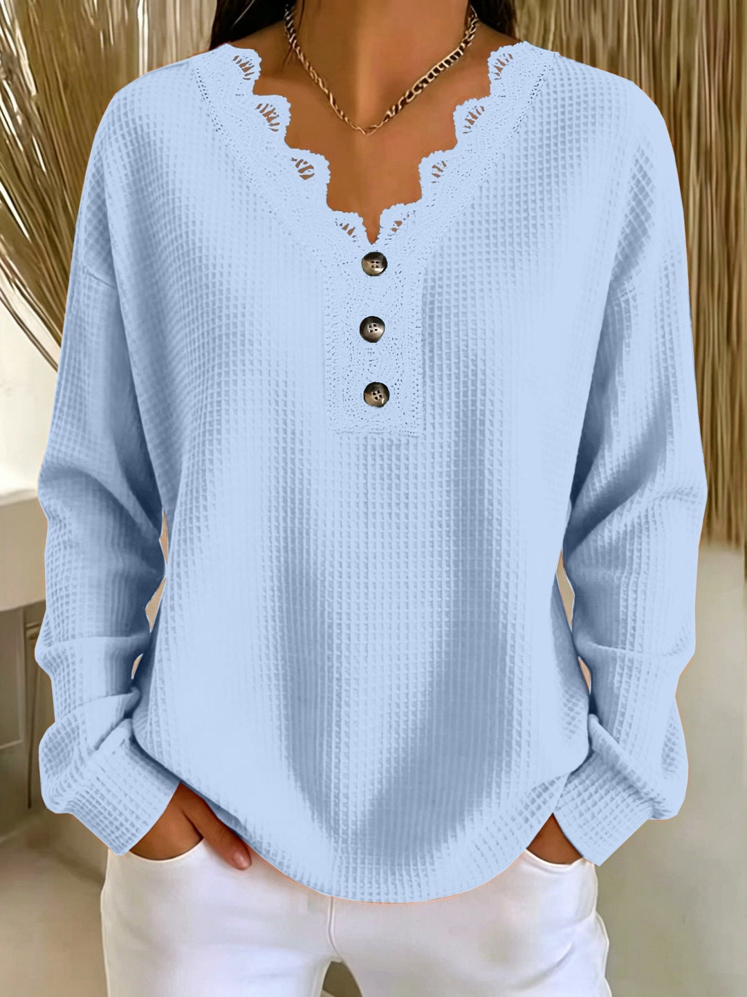 Women's V-neck lace-trimmed waffle-knit sweater with buttons, long-sleeve top for autumn