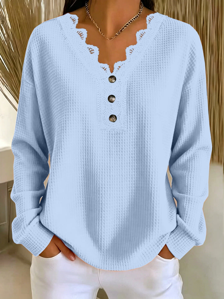 Women's V-neck lace-trimmed waffle-knit sweater with buttons, long-sleeve top for autumn