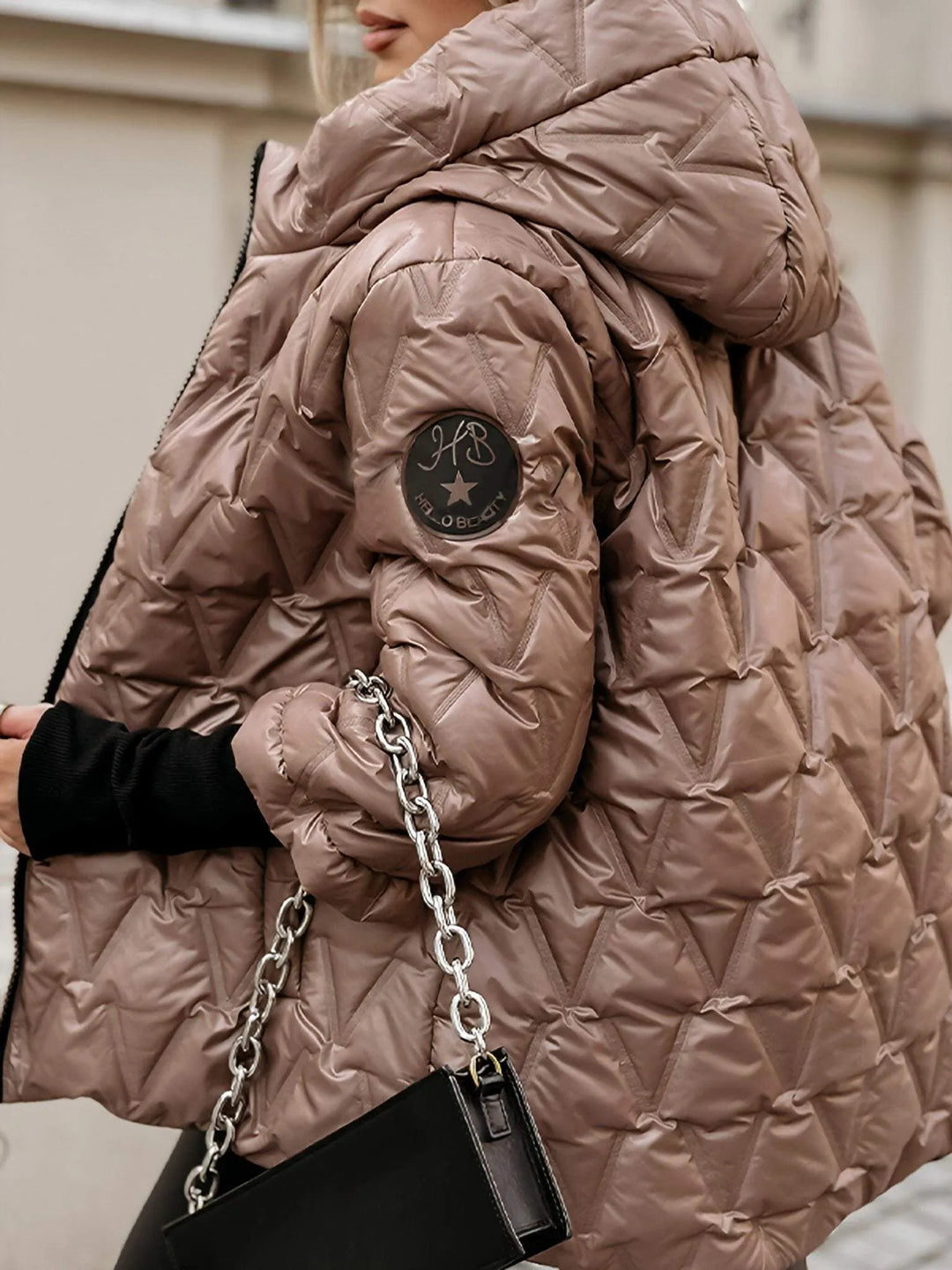 Doudoune femme à capuche matelassée brillante, veste d'hiver chaude et ample à manches 3/4