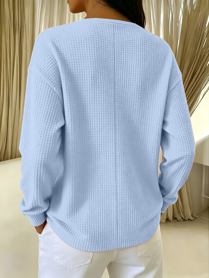 Women's V-neck lace-trimmed waffle-knit sweater with buttons, long-sleeve top for autumn
