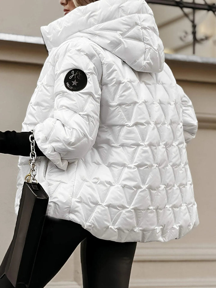 Doudoune femme à capuche matelassée brillante, veste d'hiver chaude et ample à manches 3/4