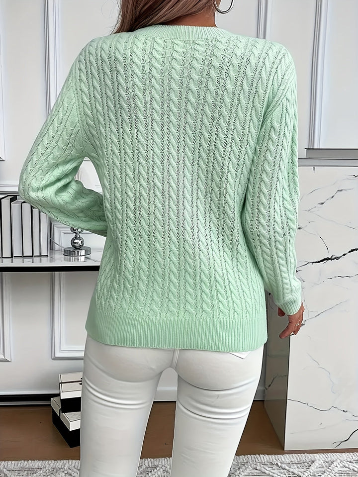 Pull femme en tricot torsadé 100 % acrylique, col rond, manches longues automne