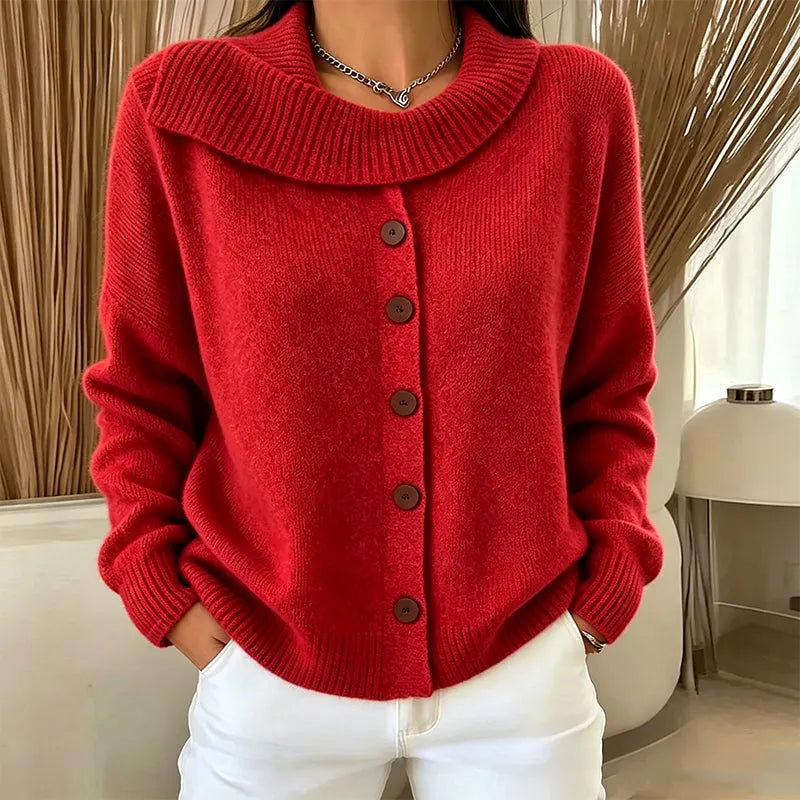 Gilet femme en maille à grand col et boutons, cardigan chaud et élégant pour l'automne