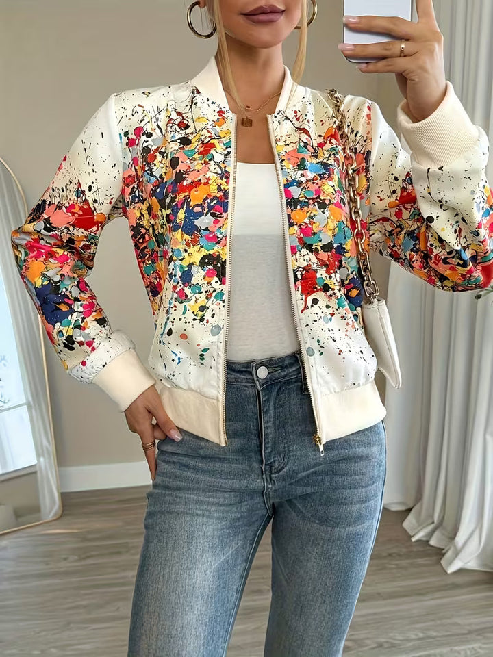 Women's zip-up bomber jacket with abstract print, lightweight and comfortable jacket for transitional seasons