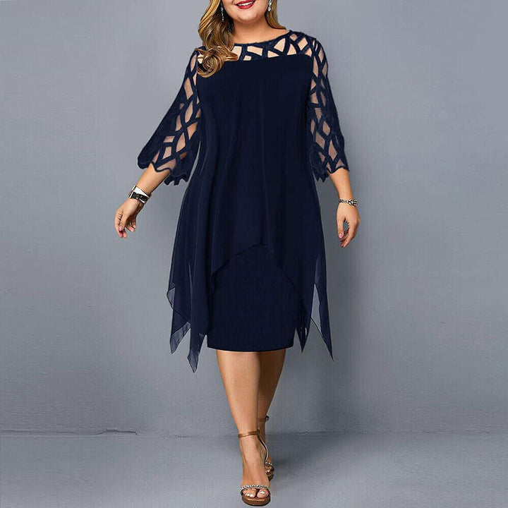 Nola | Elegant Plus-Size Midi Evening Lace Dress with 3/4 Sleeves, Embroidered and Asymmetrical Design.
