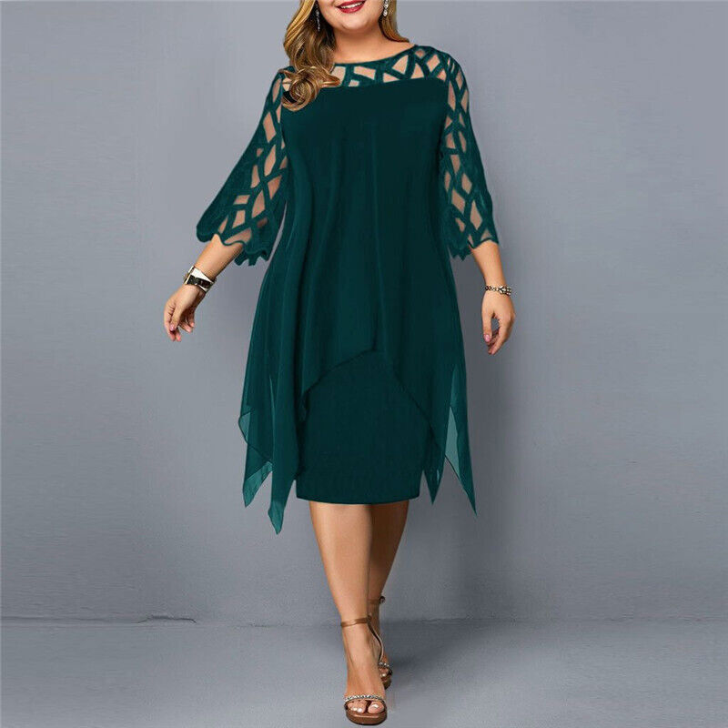 Nola | Elegant Plus-Size Midi Evening Lace Dress with 3/4 Sleeves, Embroidered and Asymmetrical Design.