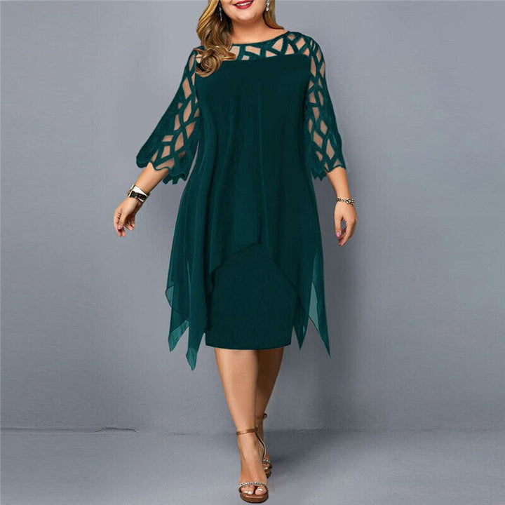 Nola | Elegant Plus-Size Midi Evening Lace Dress with 3/4 Sleeves, Embroidered and Asymmetrical Design.