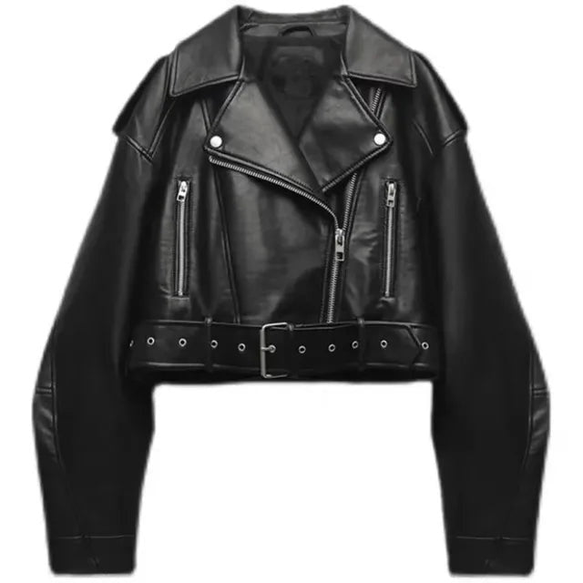 Women's short leather biker jacket with faux leather belt for autumn