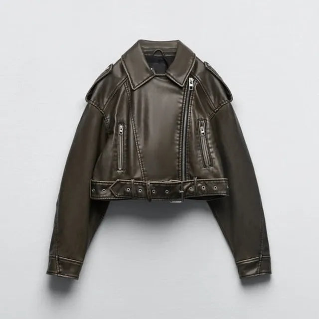 Women's short leather biker jacket with faux leather belt for autumn