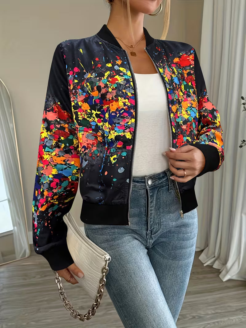 Women's zip-up bomber jacket with abstract print, lightweight and comfortable jacket for transitional seasons