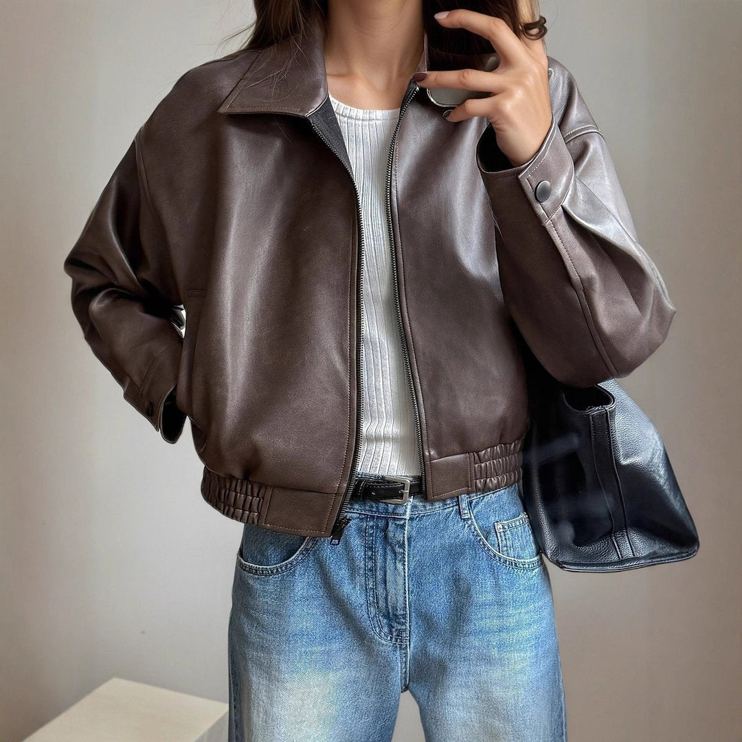 Women's leather jacket with faux leather ribbed trim, ideal for autumn and mid-season