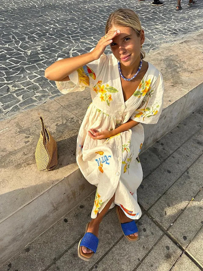 Damjana | Robe d'été élégante en lin avec manches bouffantes et décolleté en V - Léger et respirant pour un confort de port ultime