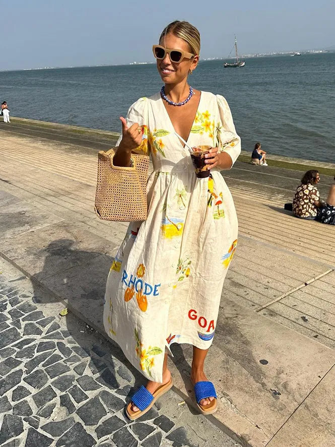 Damjana | Robe d'été élégante en lin avec manches bouffantes et décolleté en V - Léger et respirant pour un confort de port ultime