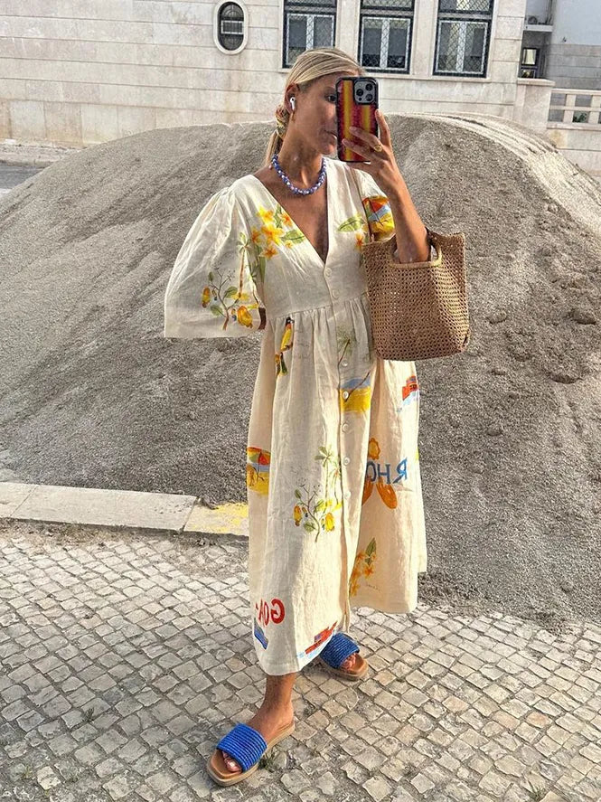 Damjana | Robe d'été élégante en lin avec manches bouffantes et décolleté en V - Léger et respirant pour un confort de port ultime