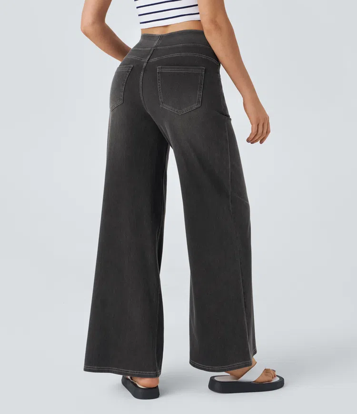 Jean femme extensible taille haute à jambes larges, pantalon décontracté en denim pour l’automne