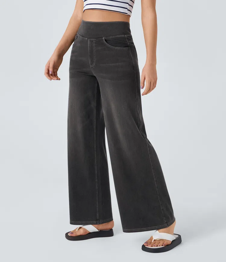 Jean femme extensible taille haute à jambes larges, pantalon décontracté en denim pour l’automne