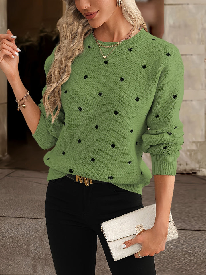 Women's polka-dot knit pullover with a round neck and long sleeves for autumn, relaxed fit