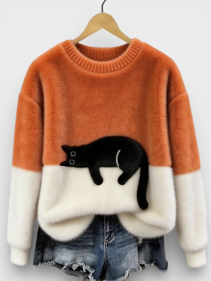 Pull femme en coton à motif chat pour l'automne, coupe décontractée pour le quotidien