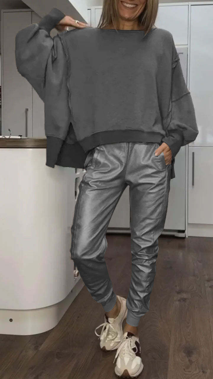 Women’s leather tracksuit set with pants, ideal for autumn