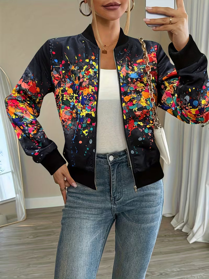 Women's zip-up bomber jacket with abstract print, lightweight and comfortable jacket for transitional seasons