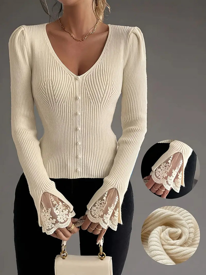 Pull en maille pour femme à col en V et texture côtelée pour l'automne