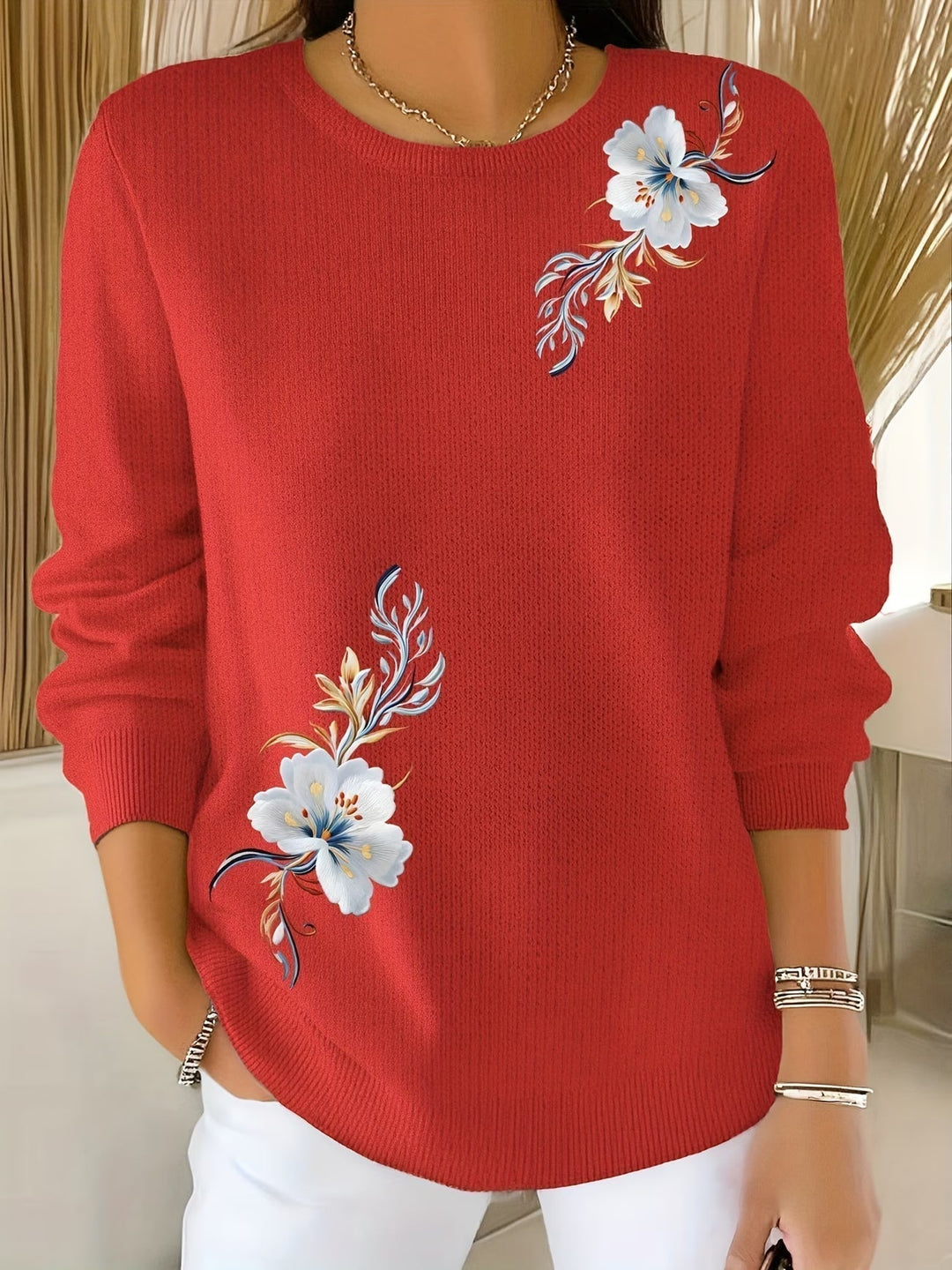 Women's round-neck soft-knit sweater with floral pattern, loose and comfortable sweater for autumn
