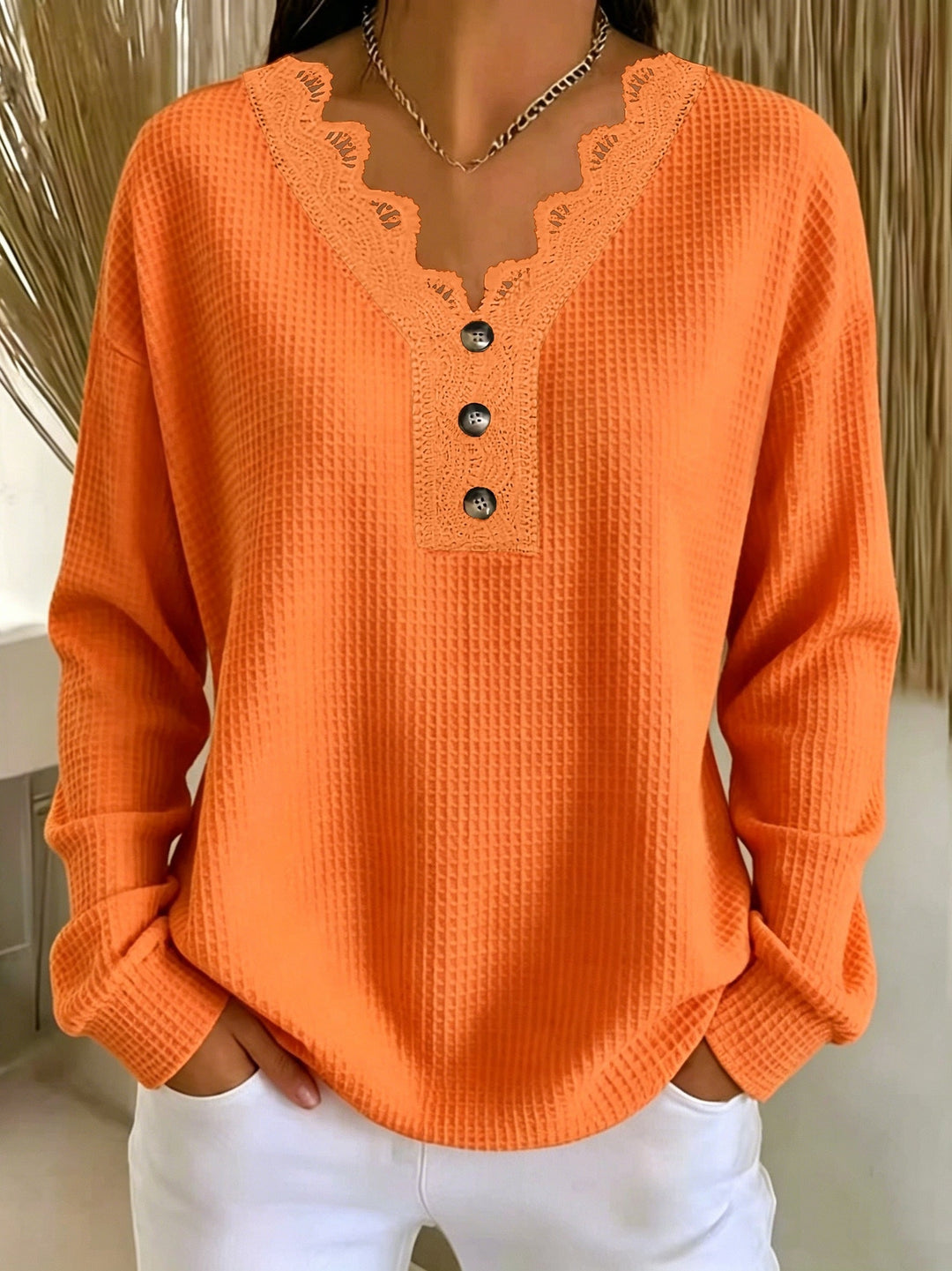 Women's V-neck lace-trimmed waffle-knit sweater with buttons, long-sleeve top for autumn