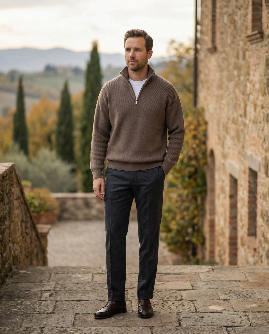 Pull en laine pour homme à col zippé, côtelé, style smart casual, automne