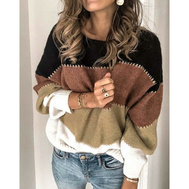 Women's autumn striped patchwork wool-knit sweater